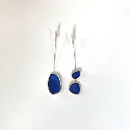 Silver long asymmetrical earrings with coloured paper inlay