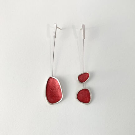 Silver long asymmetrical earrings with coloured paper inlay