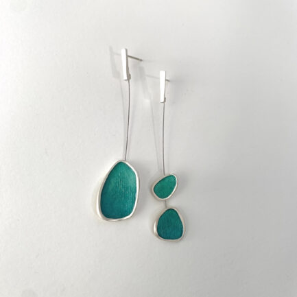 Silver long asymmetrical earrings with coloured paper inlay