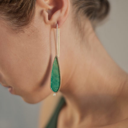 Silver long drop earring with tiny pearl and coloured paper inlay