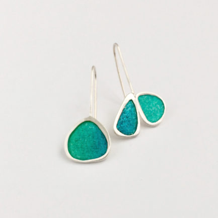 Silver short asymmetrical earrings with coloured paper inlay