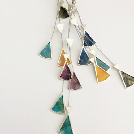 Silver nebulae long triangle earrings with coloured paper inlay