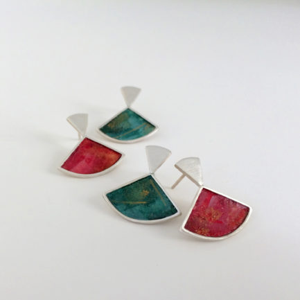 Silver kissing triangles studs with coloured paper inlay