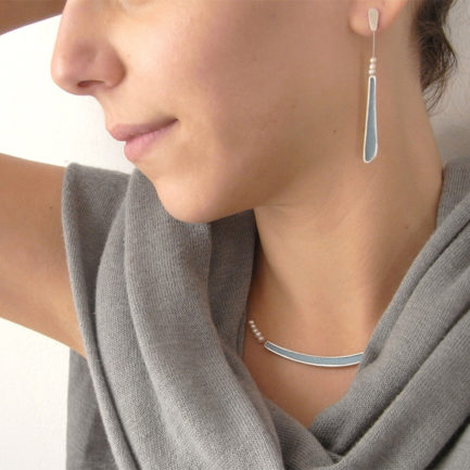 Silver single bar necklace with coloured paper inlay and pearls