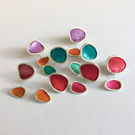 Silver playful short earrings with coloured paper inlay