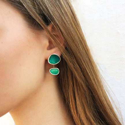 Silver playful short earrings with coloured paper inlay