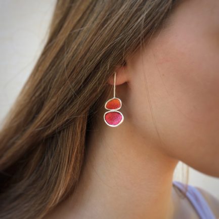 Silver short asymmetrical earrings with coloured paper inlay