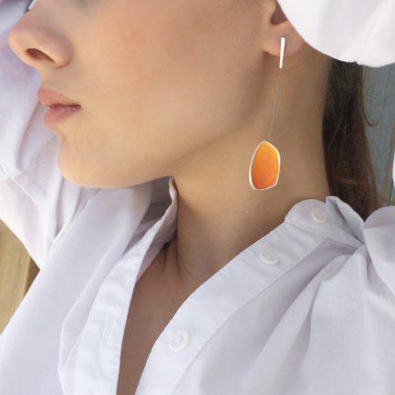 Silver long asymmetrical earrings with coloured paper inlay