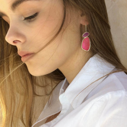 Silver drop earrings with coloured paper inlay