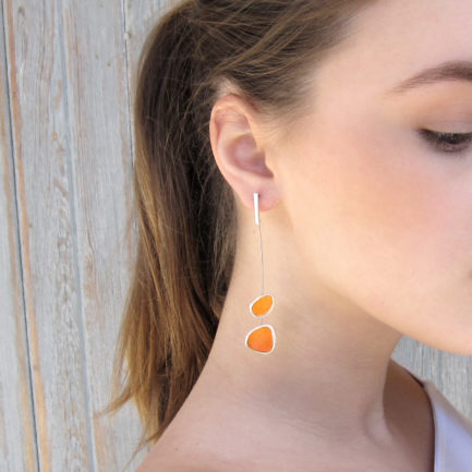 Silver long asymmetrical earrings with coloured paper inlay