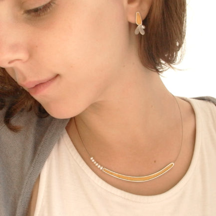 Silver single bar necklace with coloured paper inlay and pearls