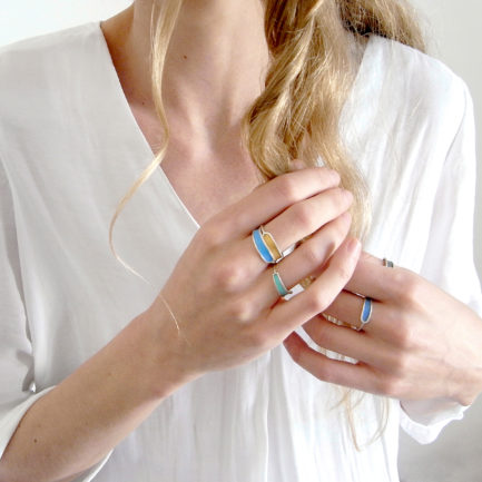 Silver rings with colourful paper inlay