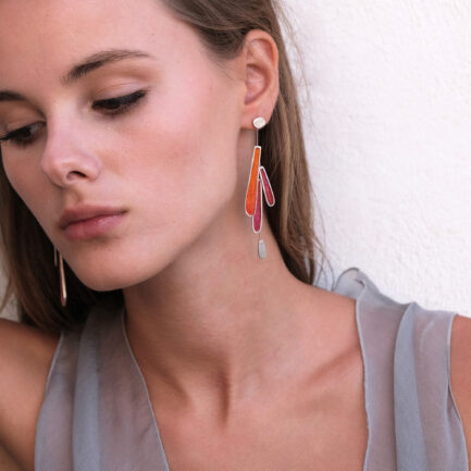 Silver feather-like asymmetrical earrings with coloured paper inlay