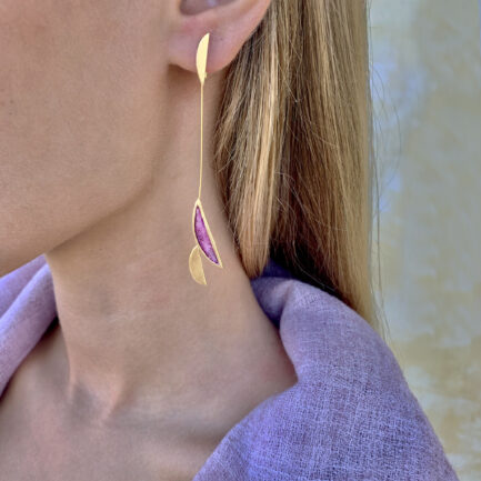 Silver gold-plated long earrings with coloured paper inlay