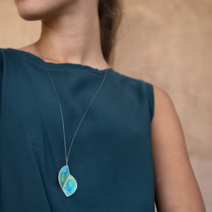 Silver spira long pendant with coloured paper inlay