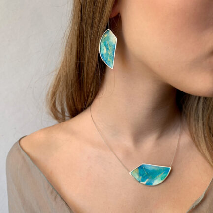 Silver nebulae long drop earrings with coloured paper inlay