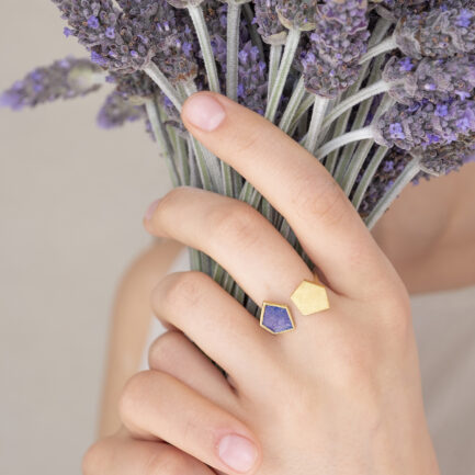 Silver gold-plated rock-shaped open ring with coloured paper inlay