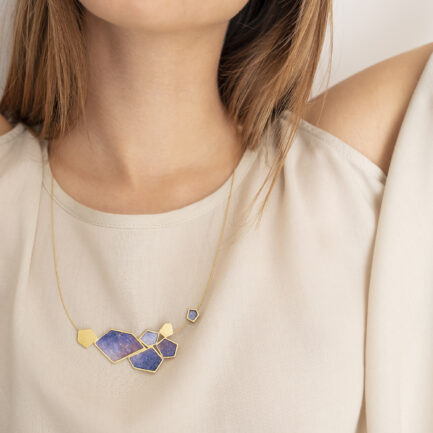 Silver gold-plated rock-shaped statement necklace with coloured paper inlay