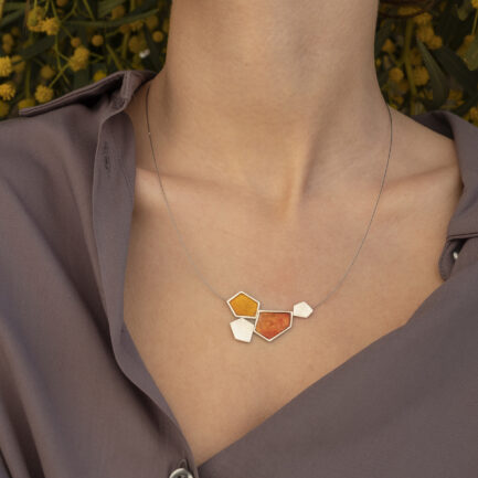 Silver rock-shaped Necklace with coloured paper inlay
