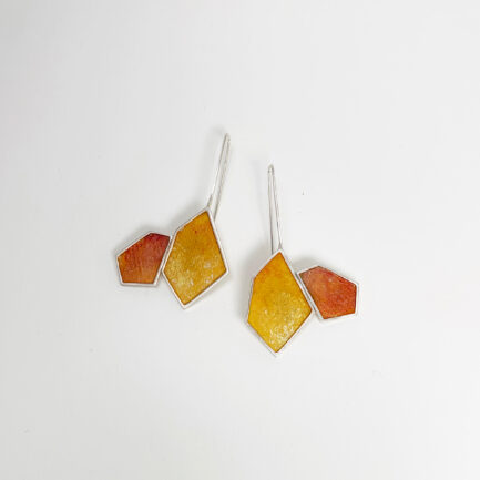 Silver rock-shaped long earrings with coloured paper inlay