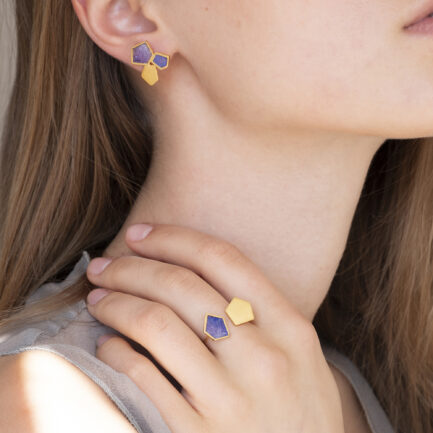 Silver gold-plated rock-shaped open ring with coloured paper inlay