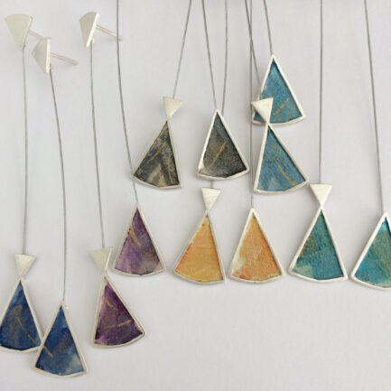 Silver nebulae long triangle earrings with coloured paper inlay