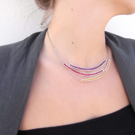 Silver three strand short necklace with coloured paper inlay