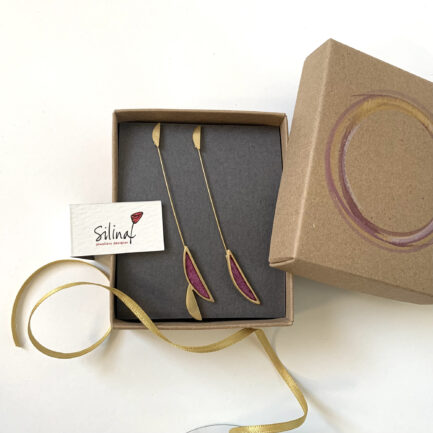 Silver gold-plated long earrings with coloured paper inlay
