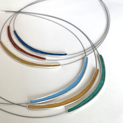 Silver three strand short necklace with coloured paper inlay
