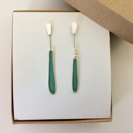 Silver drop earrings with coloured paper inlay and pearls