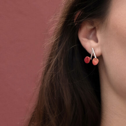 Silver cherry short earrings with paperclay