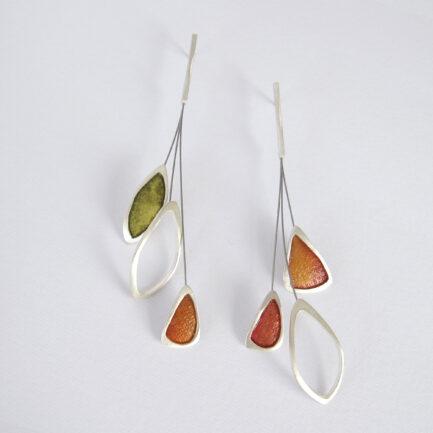 Silver leaf-shaped earrings with coloured paper inlay