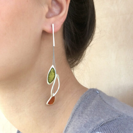 Silver leaf-shaped earrings with coloured paper inlay