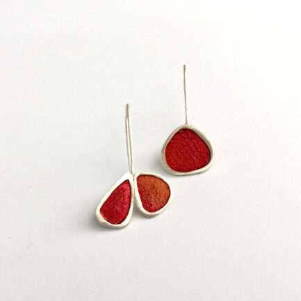 Silver short asymmetrical earrings with coloured paper inlay