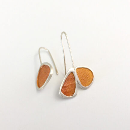 Silver short asymmetrical earrings with coloured paper inlay