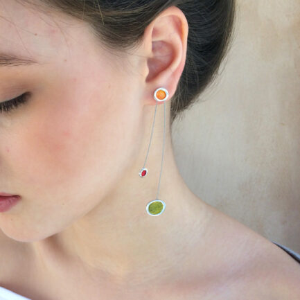 Silver bubble long earrings with coloured paper inlay