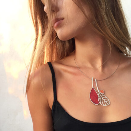 Silver leaf necklace with coloured paper inlay