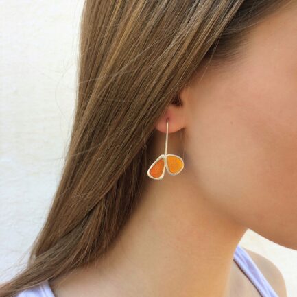 Silver short asymmetrical earrings with coloured paper inlay