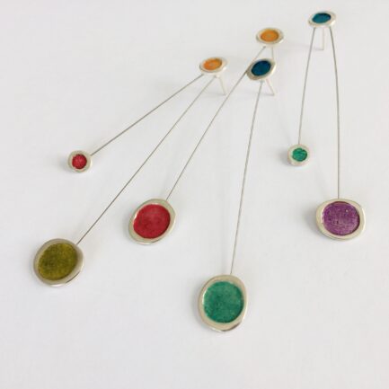 Silver bubble long earrings with coloured paper inlay