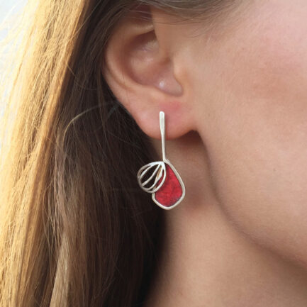 Silver short leaf earrings with coloured paper inlay